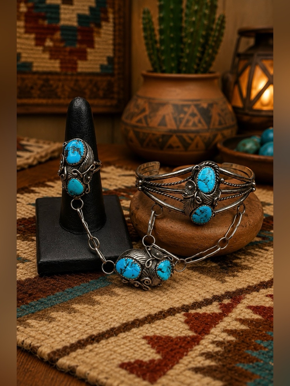 Navajo Native American Sterling Silver Turquoise 7 5/8" Cuff Ring Slave Bracelet